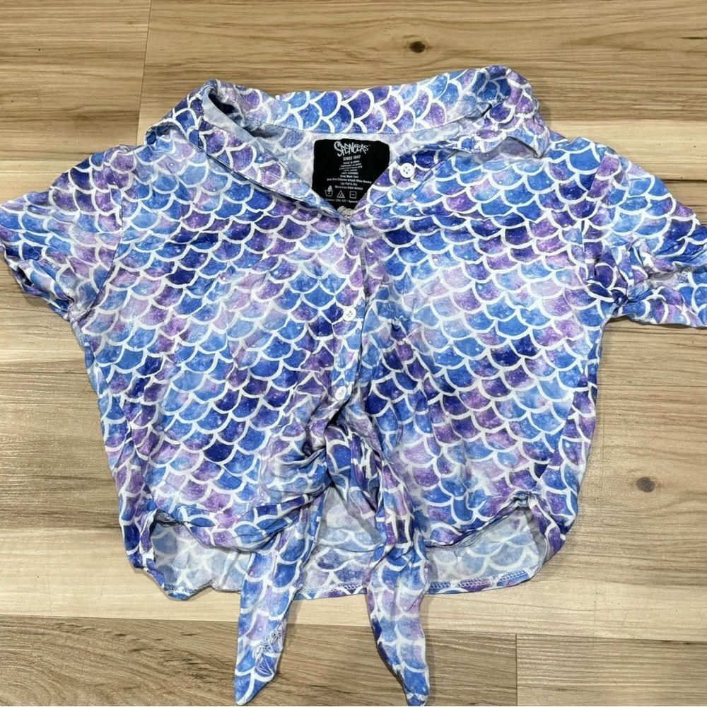 Spencer’s Mermaid Tie Cropped Button Down Short Sleeve Shirt Women’s Small